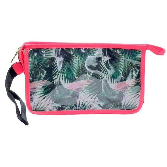 Women's Clear Vinyl Coral Reef / Floral Print Zippered Pouches Black Wrist Strap - Picture 7 of 11